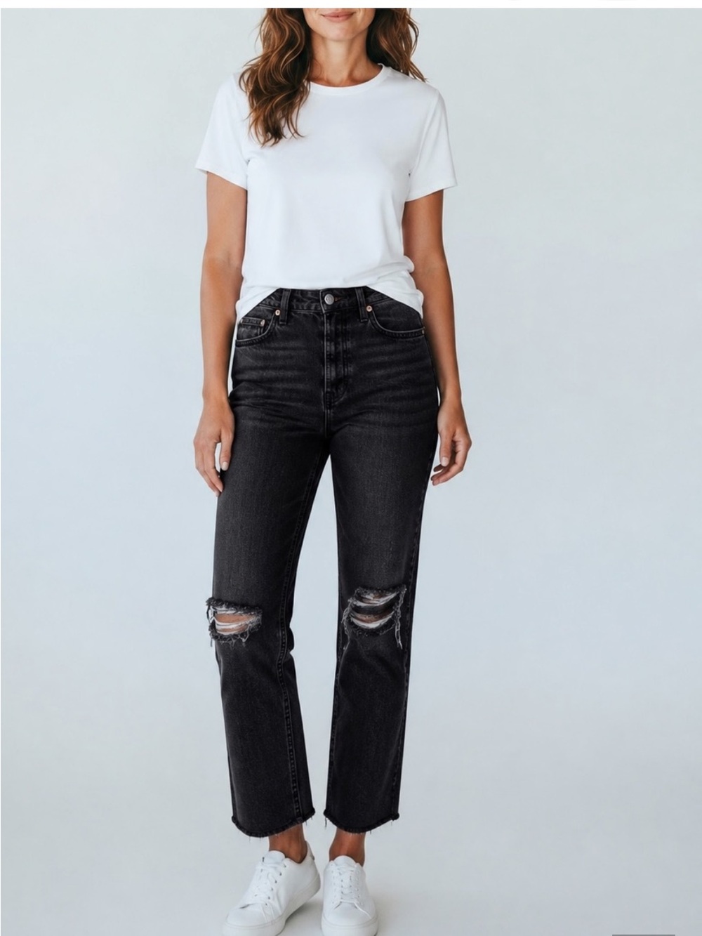 Grlfriend wide leg black jeans size 26 distressed raw hem high rise grunge K-pop